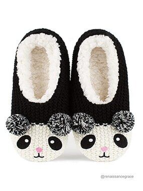 Fuzzy Knit Panda Slippers with Sherpa Lining and Gripper Sole